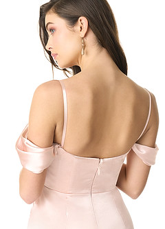 Azazie Liv Bridesmaid Dresses Rose Gold Sheath Off the Shoulder Metallic Satin Convertible Dress image8