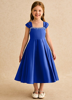 Azazie Yosemite vestidos de niña de las flores Vestido de Azul Real de Satin Mate de Corte Princesa con Escote de Corazón image4