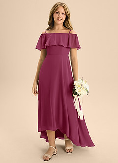 Azazie Maggie Junior Mulberry A-Line Off the Shoulder Chiffon Dress image3