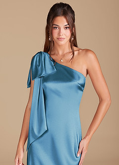Azazie Capri Bridesmaid Dresses Steel Blue Sheath One Shoulder Metallic Satin Dress image5