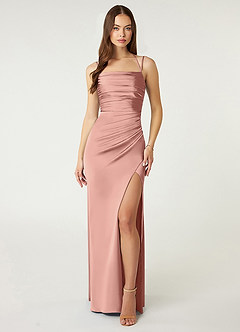 Azazie Desi Brautjungfernkleider Etui Halter Korsett Stretch-Satin Kleid Rosettenrosa image1