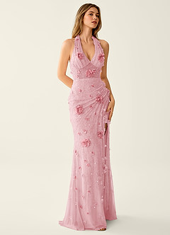 Blairsofire Pink 3D Flower Beading Sequin Embroidery Mesh Prom Dress image5