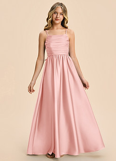 Azazie Kai Junior Powder Pink A-Line Pleated Stretch Satin Dress image3