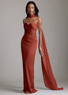 Azazie Sonora Vestidos de damas de honor Vestido de Terracota de Satén Elástico de Corte Recto con Sin tirantes image10