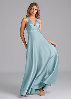Azazie Tessie Bridesmaid Dresses Moody Blue A-Line Pleated Stretch Satin Dress image4