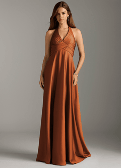 Azazie Tessie Bridesmaid Dresses Cinnamon A-Line Pleated Stretch Satin Dress image3