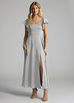 Azazie Bondi Bridesmaid Dresses Silver A-Line Ruched Stretch Satin Dress image4