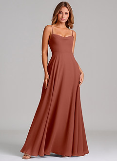 Azazie Elle Robes de demoiselle d'honneur Robe Trapèze en Mousseline de soie Plissée Auburn image3