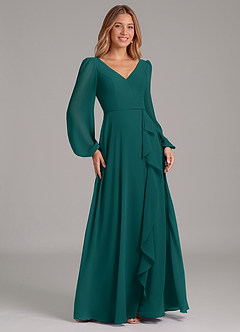 Azazie Simone Bridesmaid Dresses Peacock A-Line Long Sleeve Chiffon Dress image4