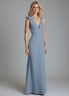 Azazie Taro Bridesmaid Dresses Dusty Blue Sheath Bow Chiffon Dress image1
