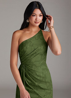 Azazie Mika Bridesmaid Dresses Olive Sheath One Shoulder Floral Burnout Dress image5