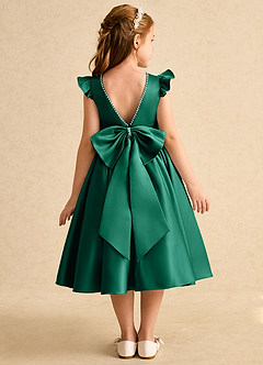 Azazie Dumpling Flower Girl Dresses Emerald A-Line Bow Matte Satin Dress image1