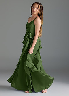Azazie Peyton Junior Olive A-Line V-Neck Cascading Ruffles Chiffon Dress image4