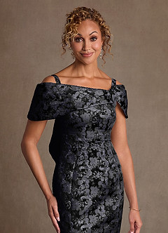 Azazie Zion Mother of the Bride Dresses Black Sheath Off the Shoulder Floral Jacquard Dress image5