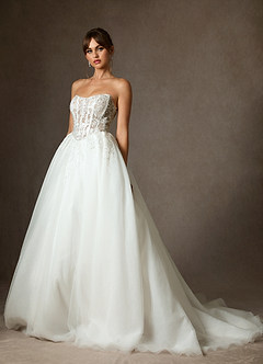 Azazie Ainsley Wedding Dresses Diamond White Nude Ball-Gown Strapless Lace Dress image3