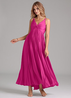 Azazie Raychelle Bridesmaid Dresses Fuchsia A-Line Pleated Stretch Satin Dress image3