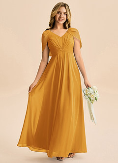 Azazie Emma Junior Robe Trapèze en Mousseline de soie Plissée Caramel écossais image1