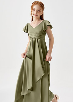 Azazie Omari Junior Pistachio A-Line Pleated Stretch Satin Dress image6