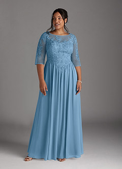 Azazie Mirielle Kleider für die Brautmutter A-Linie Schaufel Spitze Chiffon Kleid Stahlblau image9
