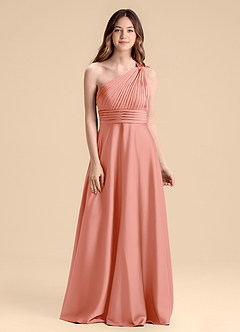 Azazie Charlize Junior Abito A-Line in Raso Elasticizzato Plissettato Corallo image1