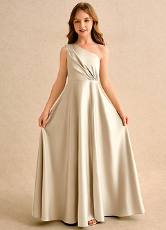 Azazie Puddles Junior Formal vestidos de niña de las flores Vestido de Champán de Satin Mate de Corte en A con Hombro unilateral image5