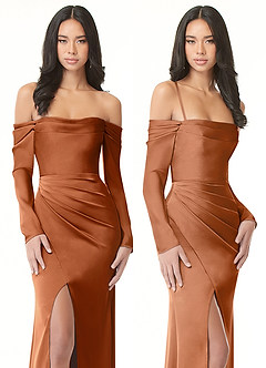 Azazie Hallie Vestidos de damas de honor Vestido de Cobre de Satén Elástico de Corte Recto Convertible con Manga larga con hombros descubiertos image9