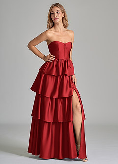 Azazie Faye Bridesmaid Dresses Pomegranate A-Line Ruched Stretch Satin Dress image1