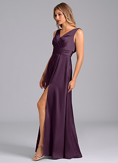 Azazie Karina Bridesmaid Dresses Plum A-Line Pleated Stretch Satin Dress image3