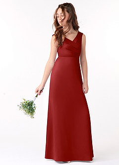 Azazie Sadia Junior Pomegranate A-Line Pleated Stretch Satin Dress image1