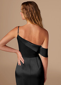 Azazie Lia Bridesmaid Dresses Black Sheath Off the Shoulder Metallic Satin Dress image2