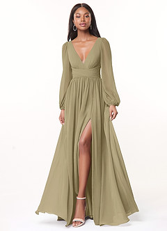 Azazie Norah Abiti da Damigella Abito A-Line in Chiffon con Maniche lunghe e Scollo a V Verde Muschio image1