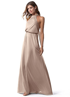 Azazie Landry 신부 들러리 드레스 A라인 주름진 망사 바닥 길이 드레스 image4