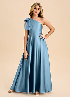 Azazie Penguin Junior Steel Blue A-Line Bow Stretch Satin Dress image3