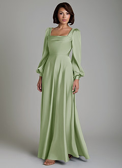 Azazie Solana Robes de demoiselle d'honneur Robe Trapèze en Satin extensible Manches longues Vert Sauge image6