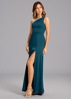 Azazie Feby Bridesmaid Dresses Ink Blue A-Line One Shoulder Stretch Satin Dress image3