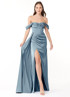 Azazie Amyra Bridesmaid Dresses Dusty Blue Sheath Off the Shoulder Stretch Satin Convertible Dress image1