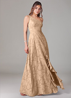 Azazie Ellianna Bridesmaid Dresses Champagne A-Line One Shoulder Floral Burnout Dress image3