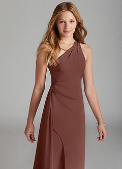 Azazie Maron Junior Espresso A-Line Pleated Stretch Satin Dress image3