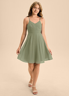 Azazie Avelina Junior Abito A-Line in Chiffon Plissettato Pistacchio image3