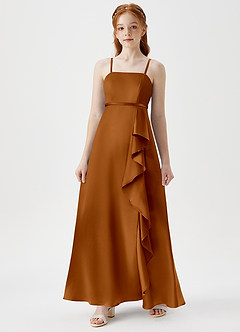 Azazie Kaylee Junior Copper A-Line with Belt Metallic Satin Dress image3