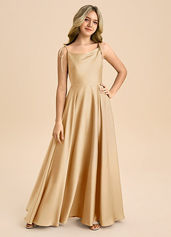 Azazie Popsy Junior Vestido de Oro de Satén Elástico de Corte en A con Lazo image8