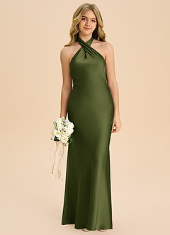 Azazie Chickie Junior Olive Sheath Pleated Stretch Satin Dress image3