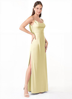 Azazie Alaija At-home Try On Dresses Agave Mermaid Side Slit Stretch Satin Dress image3