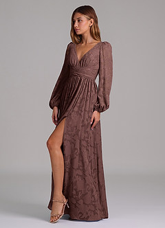 Azazie Norah Vestidos de damas de honor Vestido de Expresado de Devorado Floral de Corte en A con Manga larga image3