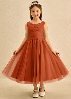 Azazie Macaron Robe Demoiselle D'honneur Fillette Robe Trapèze en Tulle Plissée Orange Brûlée image3