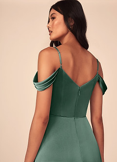 Azazie Ocean Bridesmaid Dresses Eucalyptus A-Line V-Neck Pleated Stretch Satin Dress image5