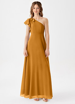 Azazie Arabella Junior A-Linie Gestreift Chiffon Kleid Butterscotch image3