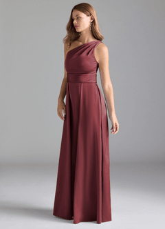 Azazie Dallas Bridesmaid Dresses Merlot A-Line One Shoulder Stretch Satin Dress image5
