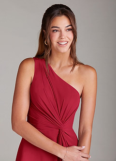 Azazie Brooke Robes de demoiselle d'honneur Robe Trapèze en Mousseline de soie Une épaule Écarlate image4