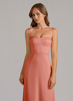 Azazie Amaris Bridesmaid Dresses Coral A-Line Corset Stretch Satin Dress image5
